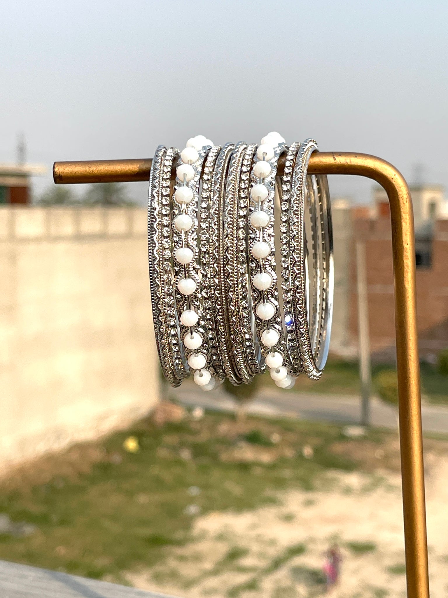 Metallic Pearls Bangles Silver2